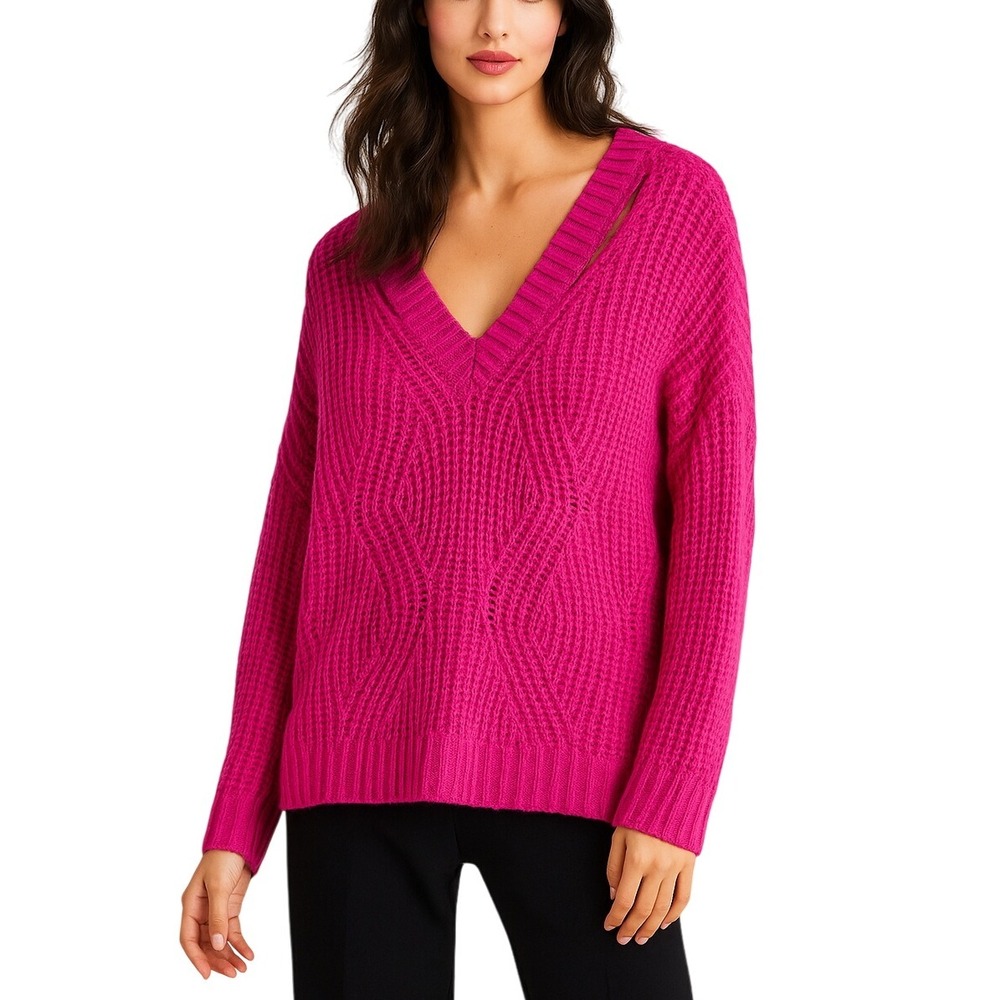 Skies Are Blue Curvy 1X Hot Pink V-Neck Cutout Cable Knit Pullover Sweater